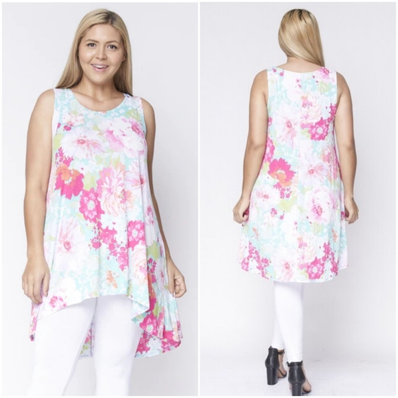 Tops - Plus size floral high/lo sleeveless tunic